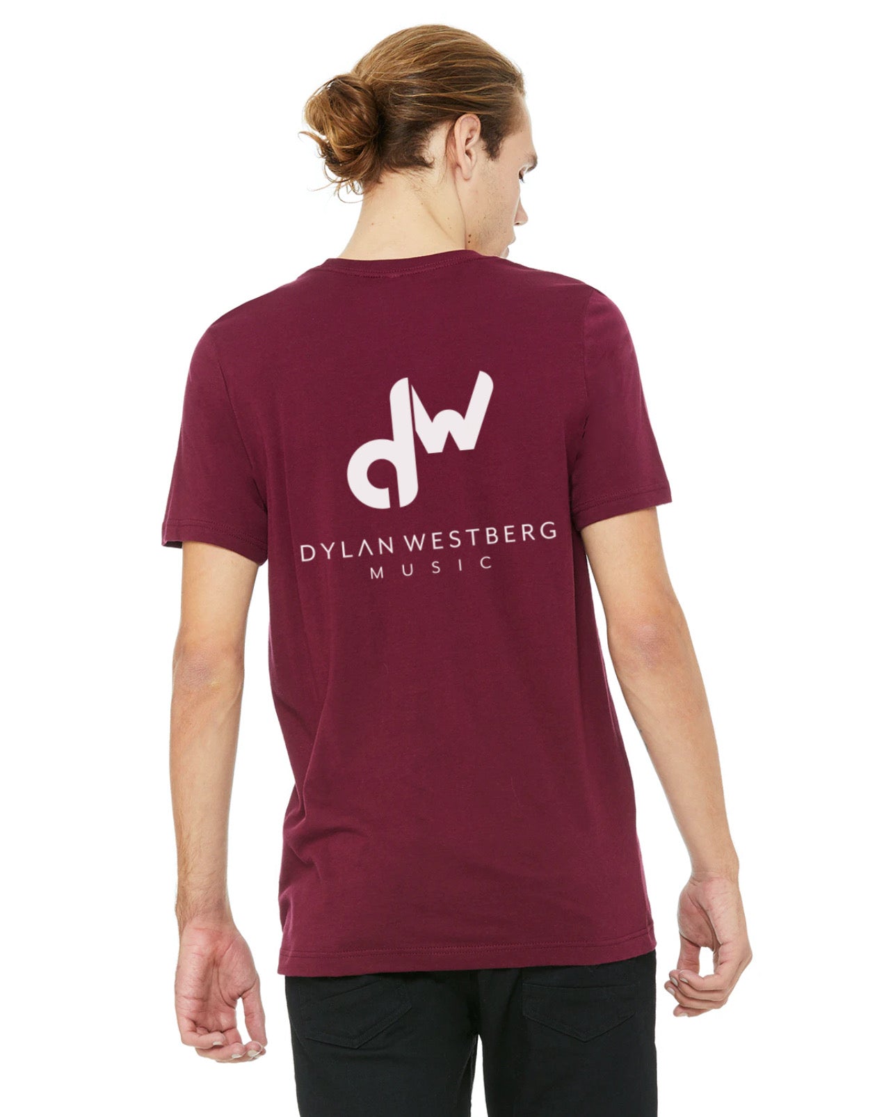 Maroon Dylan Westberg Music Logo tee back view.