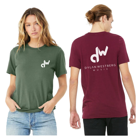 Dylan Westberg Music Logo T-shirt shown in pine green and maroon. Logo on left breast and full back. Available in five colors of ultra soft cotton short sleeve t-shirts.