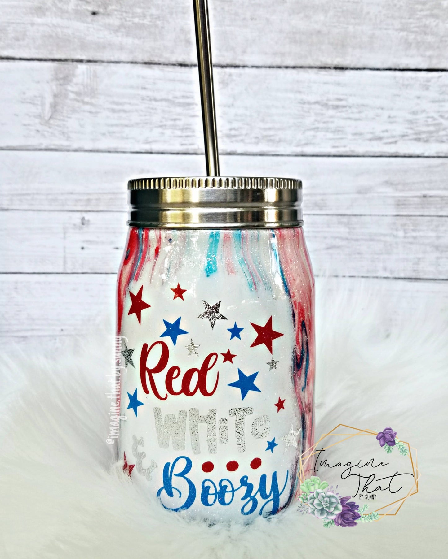 Red, White, & Boozy Hydrodipped Glitter Mason Jar Tumbler