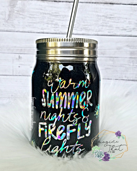 Warm Summer Nights & Firefly Lights Mason Jar Glitter Tumbler