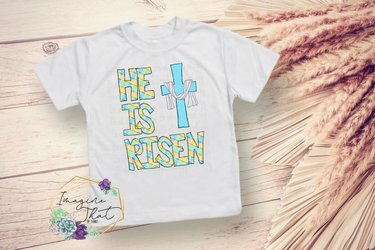 He Is Risen Blue Plaid Toddler/Youth Tee