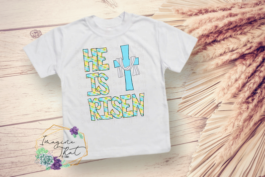 He Is Risen Blue Plaid Toddler/Youth Tee